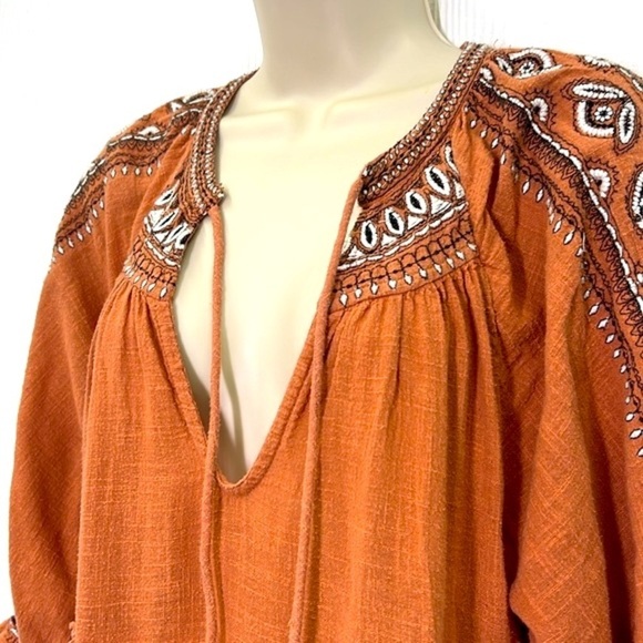 Free People - Dream Weaver Boho Frayed Terracotta 3/4 Sleeve Pocket Blouse Small - Picture 8 of 15